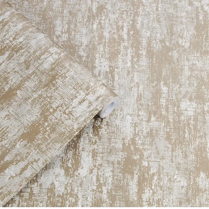 Laura Ashley Vliestapete Whinfell - Beige, Uni, 1.000 x 52 cm - Beige-weiß gemusterte Tapete mit abstrakter Textur, als Rolle an passender Wand ausgerollt.