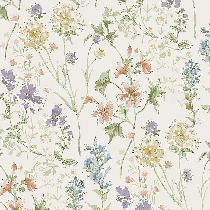 Laura Ashley Vliestapete Vliestapete Wildwiese - Rosa, Floral - Aquarell-Wildblumenmuster mit lila, blauen, pfirsichfarbenen und gelben Blüten und grünem Laub.