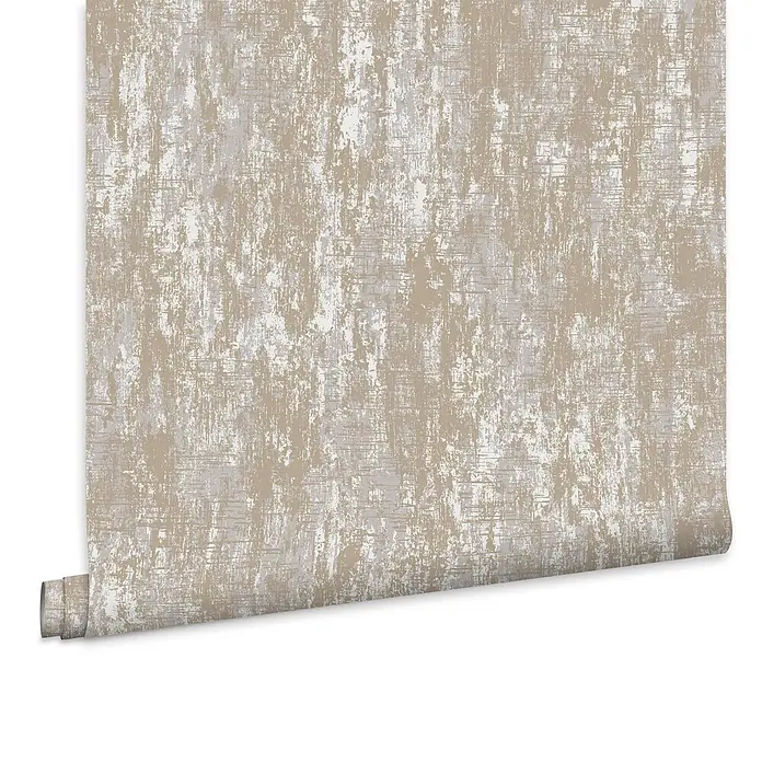 Laura Ashley Vliestapete Whinfell - Beige, Uni, 1.000 x 52 cm - Abgerollte Tapetenrolle mit abstraktem, strukturiertem Muster in Beige-, Braun- und Hellgrautönen.
