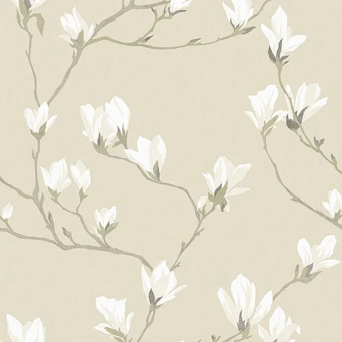 Laura Ashley Vliestapete Magnolienhain - Beige/Weiß, Floral, 1.000 x 52 cm - Beigefarbene Tapete mit zarten weißen Magnolienblüten und hellen Ästen.