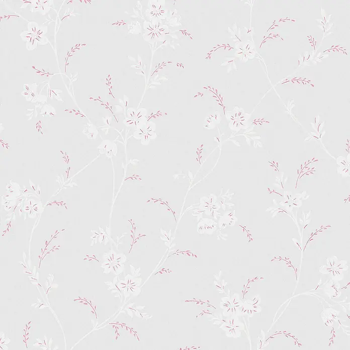 Laura Ashley Vliestapete Eva - Grau, Floral, 1.000 x 52 cm - Hellgraue Tapete zeigt ein zartes Blumenmuster. Sie hat weiße Blüten mit rosa Zentren und rosa Blattakzenten auf strukturiertem Hintergrund.