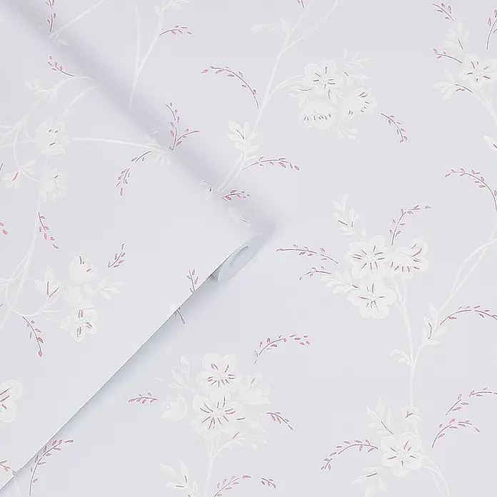Laura Ashley Vliestapete Eva - Grau, Floral, 1.000 x 52 cm - Helleblaue Tapetenrolle mit zartem weiß-rosa Blumenmuster.