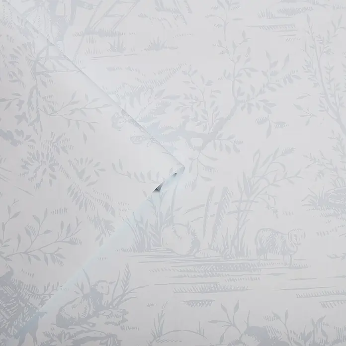 Laura Ashley Vliestapete Toile de Jouy - Grau, Ornament, 1.000 x 52 cm - Hellblaue Toile de Jouy Tapetenrolle mit detaillierten ländlichen Szenen, Bäumen und Tieren.