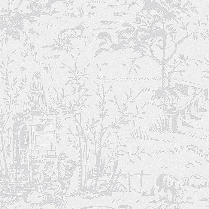 Laura Ashley Vliestapete Toile de Jouy - Grau, Ornament, 1.000 x 52 cm - Hellgraues Toile de Jouy-Muster mit einer pastoralen Szene aus Menschen, Schafen, Bäumen und Gebäuden.