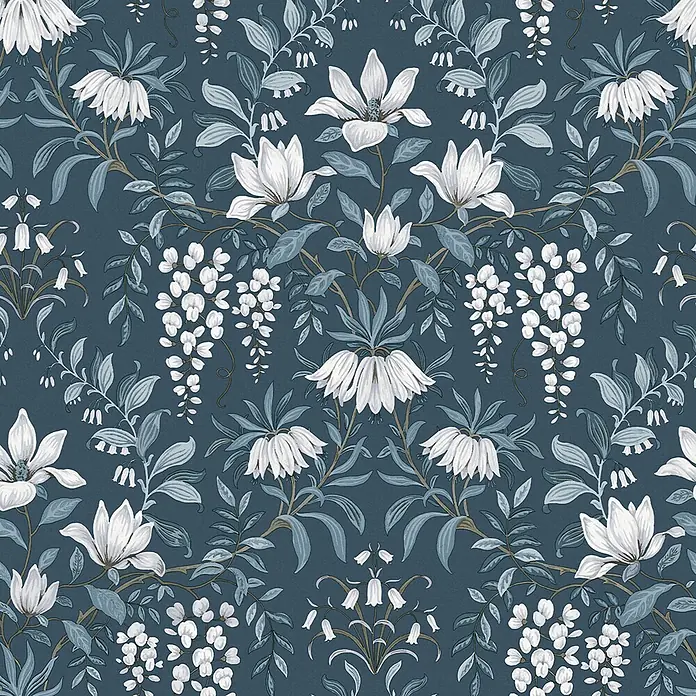 Laura Ashley Vliestapete Vintage Blumen - Blau, Floral, 1.000 x 52 cm - Elegante Blumentapete mit weißen und hellblauen Blüten und Blättern auf dunkelblauem Hintergrund.