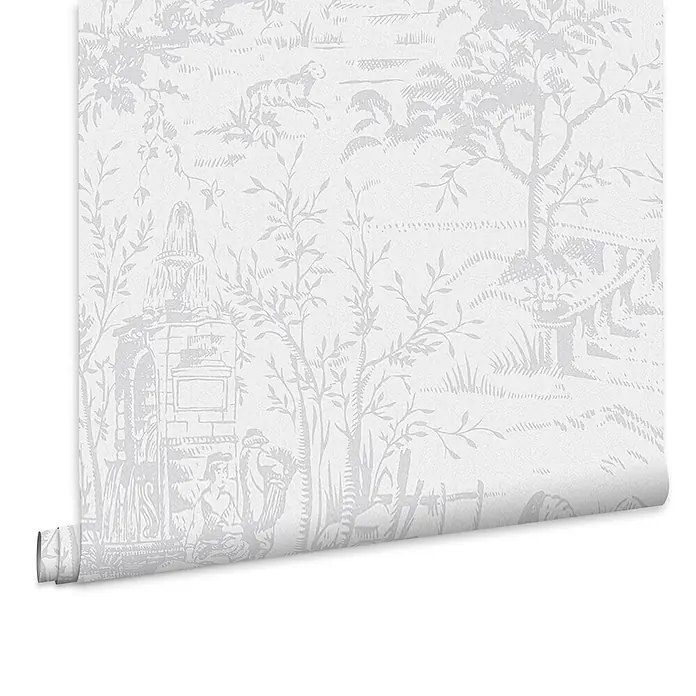 Laura Ashley Vliestapete Toile de Jouy - Grau, Ornament, 1.000 x 52 cm - Weiße Tapetenrolle mit hellgrauem Toile-Muster, teilweise abgerollt.