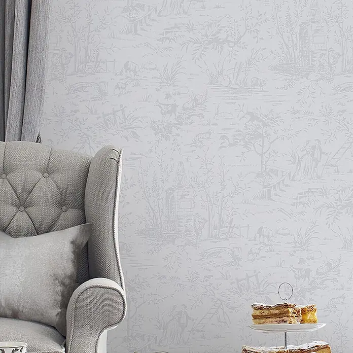 Laura Ashley Vliestapete Toile de Jouy - Grau, Ornament, 1.000 x 52 cm - Hellgraue Toile-de-Jouy-Tapete mit pastoralen Szenen.