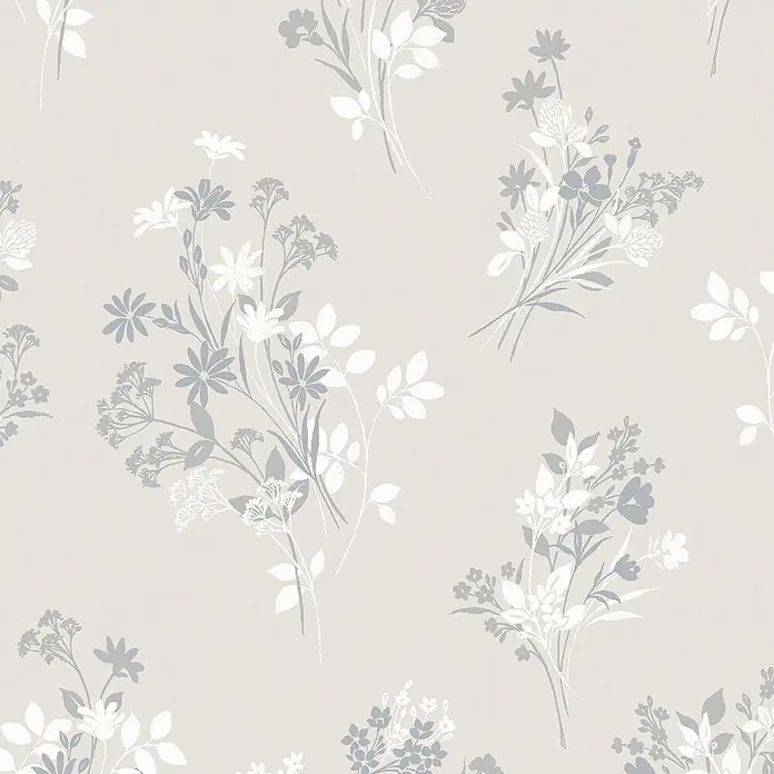 Laura Ashley Vliestapete Igerna Wiesenkerbel - Beige, Floral, 1.000 x 52 cm - Nahtloses Muster zarter weißer und hellgrauer Wildblumensträuße.