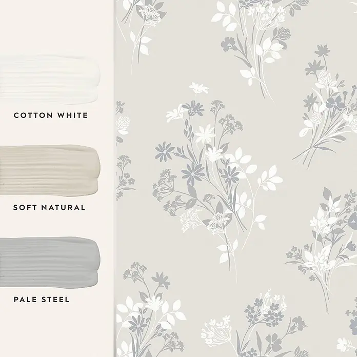 Laura Ashley Vliestapete Igerna Wiesenkerbel - Beige, Floral, 1.000 x 52 cm - Floral gemusterte Tapete in Hellgrau und Weiß auf sanft beigem Hintergrund, dazu Farbmuster: Cotton White, Soft Natural und Pale Steel.