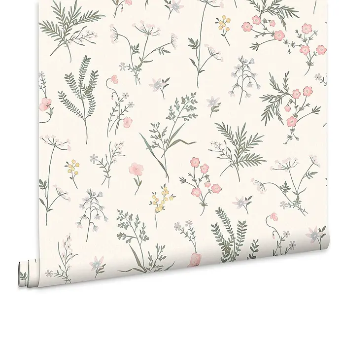 Laura Ashley Vliestapete Bauernhof - Rosa, Floral, 1.000 x 52 cm - Gerollte Tapete mit zartem Muster aus rosa, gelben, hellblauen Wildblumen und grünem Laub auf beigem Grund.