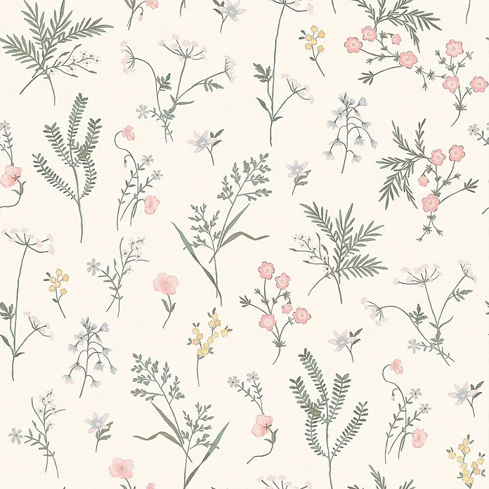 Laura Ashley Vliestapete Bauernhof - Rosa, Floral, 1.000 x 52 cm - Nahtloses Muster zarter Aquarell-Wildblumen in Rosa, Gelb, Blau und Grün mit Blattwerk.