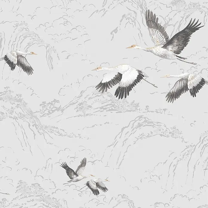 Laura Ashley Vliestapete Animalia - Silber, Tieroptik, 1.000 x 52 cm - Stilisiertes asiatisch inspiriertes Muster mit Kranichen, die inmitten grauer Berge und Wolken fliegen.