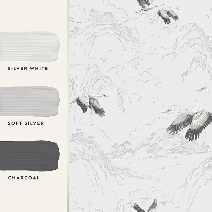 Laura Ashley Vliestapete Animalia - Silber, Tieroptik, 1.000 x 52 cm - Helle Tapete mit fliegenden Kranichen und Berglandschaft in Grau- und Weißtönen, dazu Farbmuster: Silver White, Soft Silver, Charcoal.