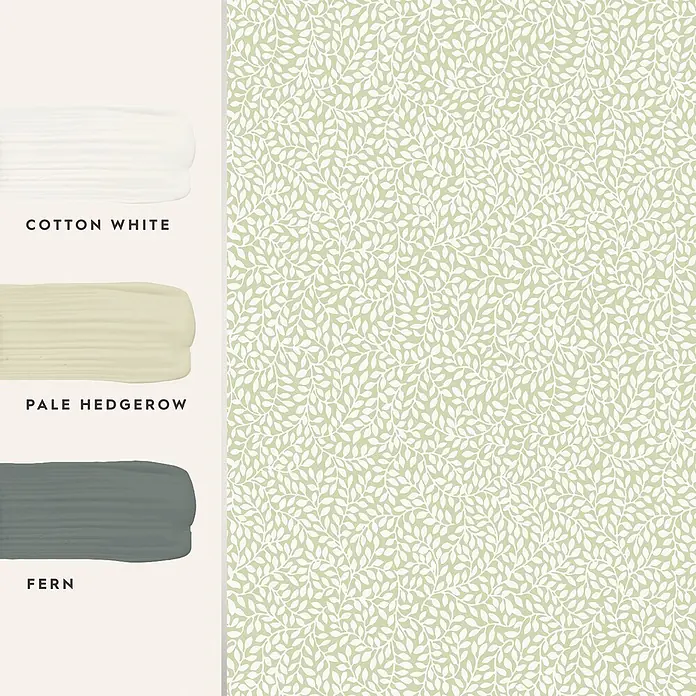 Laura Ashley Vliestapete Vliestapete Kleine Weinreben - Grün, Floral, 10 x 0,52 m - Drei Farbmuster: Cotton White, Pale Hedgerow (Hellgrün), Fern (Dunkelgraugrün). Eine Tapete mit weißen Blattranken auf hellgrünem Grund.