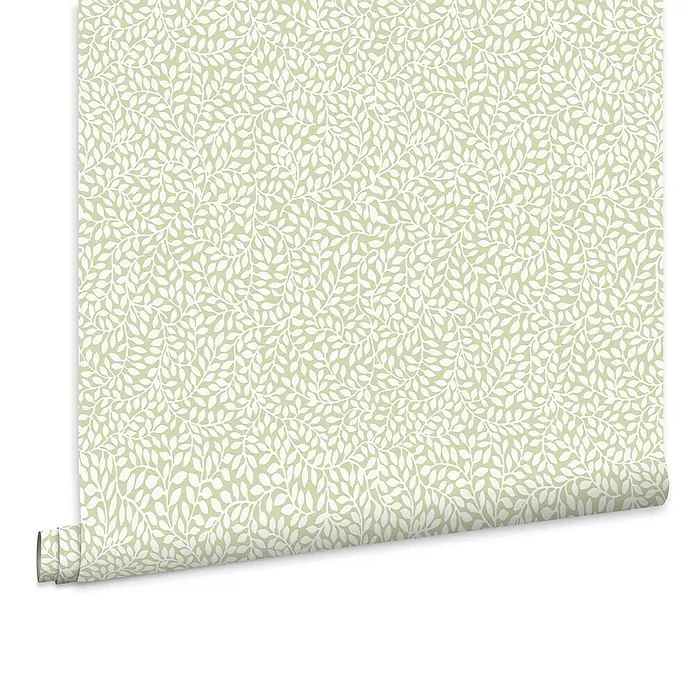 Laura Ashley Vliestapete Vliestapete Kleine Weinreben - Grün, Floral, 10 x 0,52 m - Hellgrüne Tapete mit weißem Blattmuster, teilweise abgerollt.