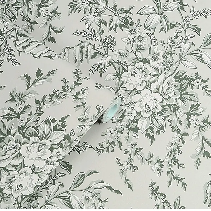 Laura Ashley Vliestapete Vliestapete Picardie - Salbeigrün, Floral, 10 x 0,52 m - Rolle grüne und weiße Blumentapete mit detailliertem botanischem Muster.