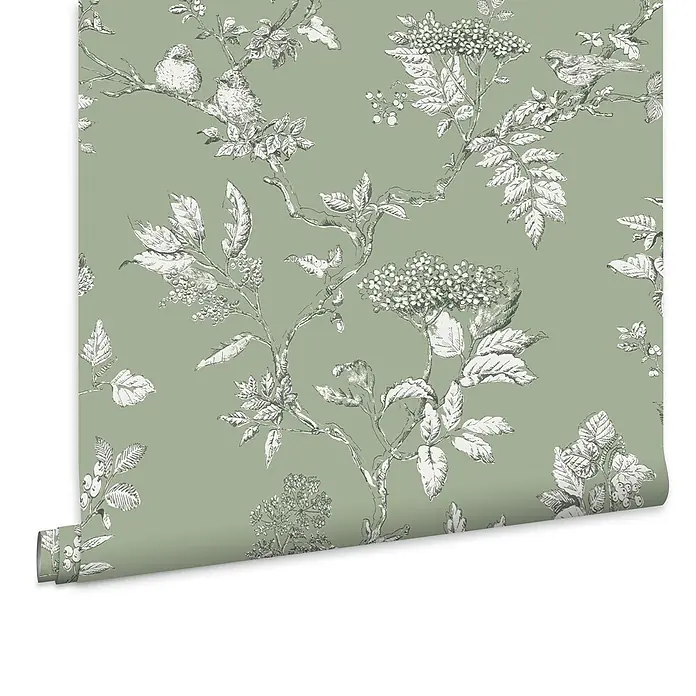 Laura Ashley Vliestapete Vliestapete Elderwood - Salbeigrün, Floral, 10 x 0,52 m - Salbeigrüne Tapetenrolle mit weißem botanischem Muster aus Vögeln, Ästen, Blättern und Beeren.