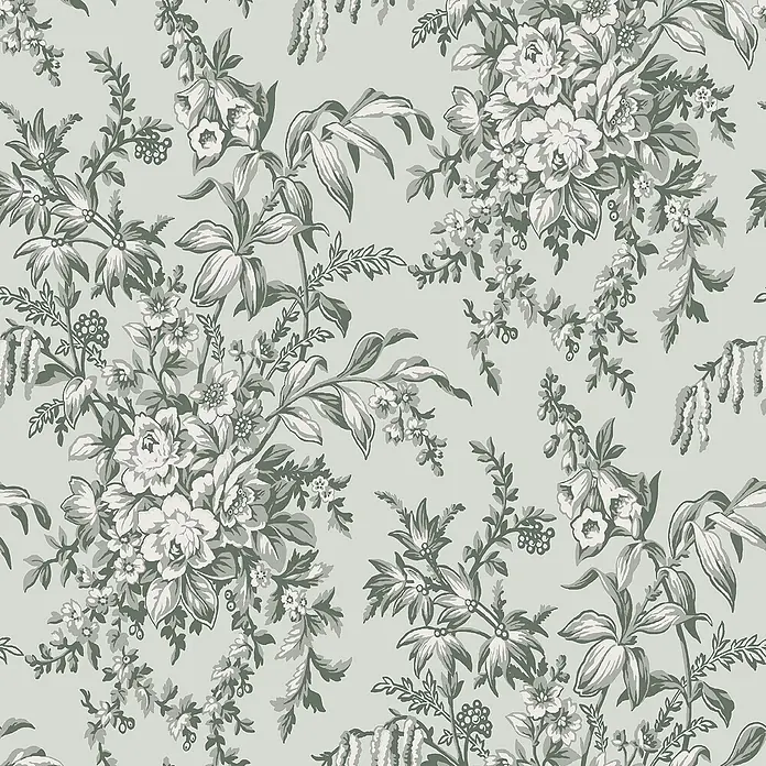 Laura Ashley Vliestapete Vliestapete Picardie - Salbeigrün, Floral, 10 x 0,52 m - Wiederkehrendes Blumenmuster mit großen und kleinen Blüten, Blättern und Beeren in Weiß-, Hellgrau- und Dunkelgrautönen.