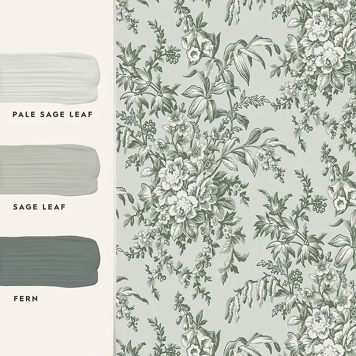 Laura Ashley Vliestapete Vliestapete Picardie - Salbeigrün, Floral, 10 x 0,52 m - Grüne Blumentapete mit passenden Farbmuster: Pale Sage Leaf, Sage Leaf und Fern Farben.