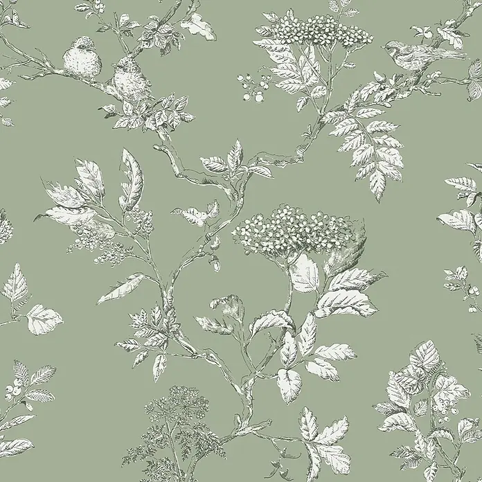 Laura Ashley Vliestapete Vliestapete Elderwood - Salbeigrün, Floral, 10 x 0,52 m - Botanisches Muster mit weißen Vögeln und Laub, detaillierte Strichzeichnung.
