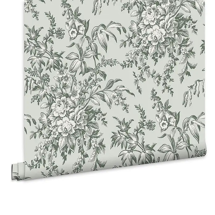 Laura Ashley Vliestapete Vliestapete Picardie - Salbeigrün, Floral, 10 x 0,52 m - Florale Tapetenrolle in Hellgrün mit dunkelgrünen und weißen Blumenmuster.