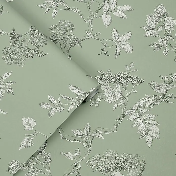 Laura Ashley Vliestapete Vliestapete Elderwood - Salbeigrün, Floral, 10 x 0,52 m - Salbeigrünes Tapetenrolle mit weißen botanischen Illustrationen von Bäumen, Blättern, Beeren und Vögeln.
