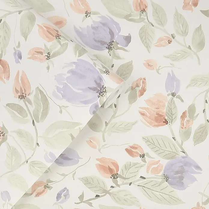 Laura Ashley Vliestapete Orisia-Pfingstrose - Grün, Floral, 1.000 x 52 cm - Aquarell-Blumentapete mit pfirsichfarbenen und lavendelfarbenen Blüten und grünen Blättern.