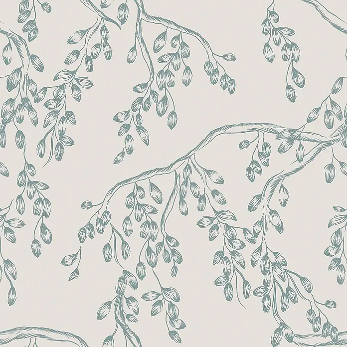 Laura Ashley Vliestapete Weidenzweige - Blau, Floral, 1.000 x 52 cm - Muster mit zarten, herabhängenden Ästen mit länglichen Blättern/Beeren in hellgrau-blauem, handgezeichnetem Stil.