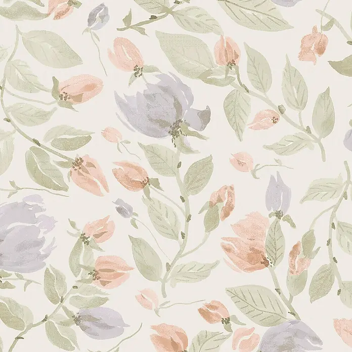 Laura Ashley Vliestapete Orisia-Pfingstrose - Grün, Floral, 1.000 x 52 cm - Nahtloses Aquarell-Blumenmuster mit blassgrünen Blättern und zarten Pfirsich- und Lavendelblüten.