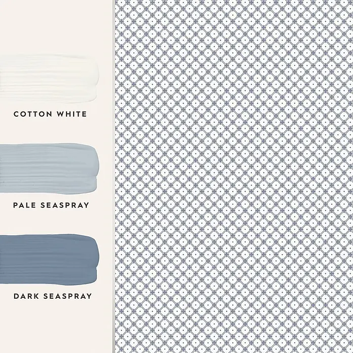 Laura Ashley Vliestapete Korbflechterei - Blau, Floral, 1.000 x 52 cm - Drei Farbmuster: Cotton White, Pale Seaspray, Dark Seaspray, mit blau-grauem geometrischem Muster.