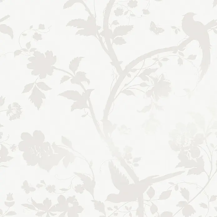 Laura Ashley Vliestapete orientalischer Garten - Weiß, Floral, 1.000 x 52 cm - Nahtloses hellgraues Muster mit Vögeln, Schmetterlingen und kunstvollen Blüten auf Ästen.