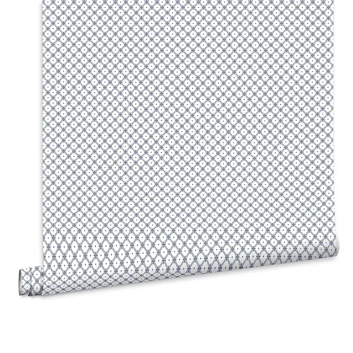 Laura Ashley Vliestapete Korbflechterei - Blau, Floral, 1.000 x 52 cm - Rolle weißer Tapete mit dezentem blauen geometrischen Rautenmuster und kleinen floralen Elementen.