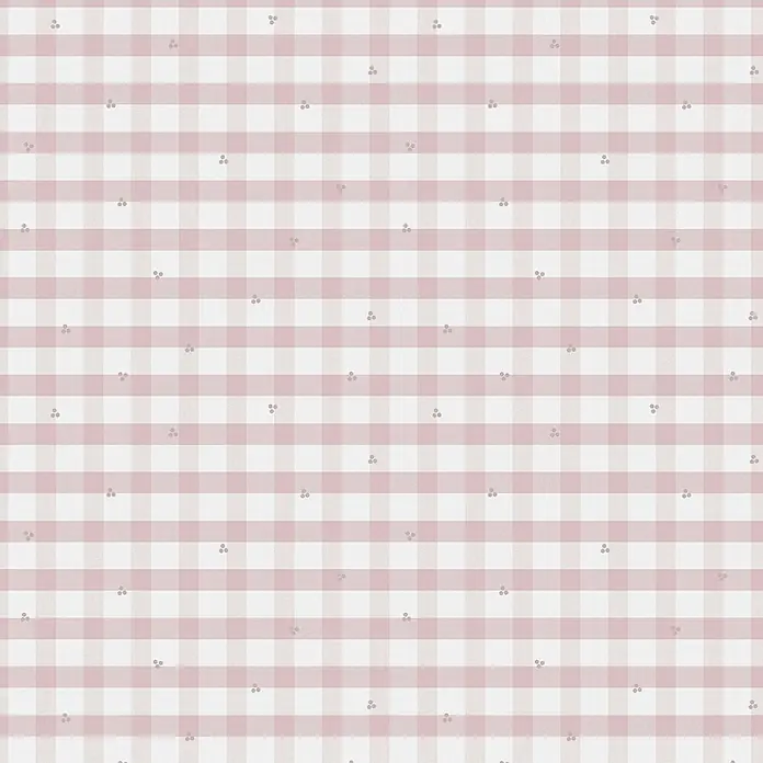 Laura Ashley Vliestapete Gingham - Rosa, Floral, 1.000 x 52 cm - Rosa-weiß karierter Stoff mit verstreuten Dreiergruppen kleiner Punkte.