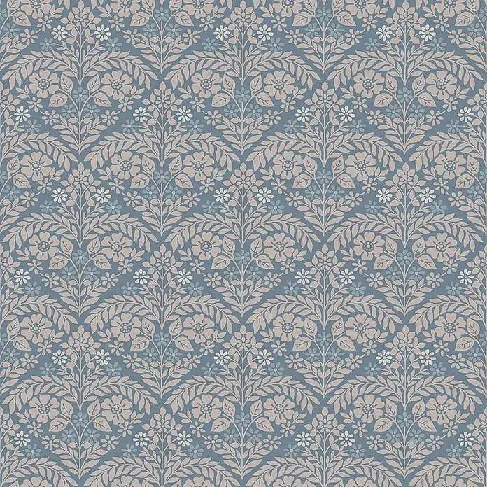 Laura Ashley Vliestapete Margam - Blau, Floral, 1.000 x 52 cm - Nahtloses blaugraues Blumenmuster mit hellbeigen Blättern und kleinen hellblauen und weißen Blüten.