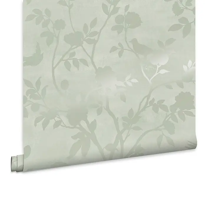 Laura Ashley Vliestapete Hagebuttenspur - Grün, Floral, 1.000 x 52 cm - Gerollte hellgrüne Tapete mit dezentem Blumen- und Vogelmuster.