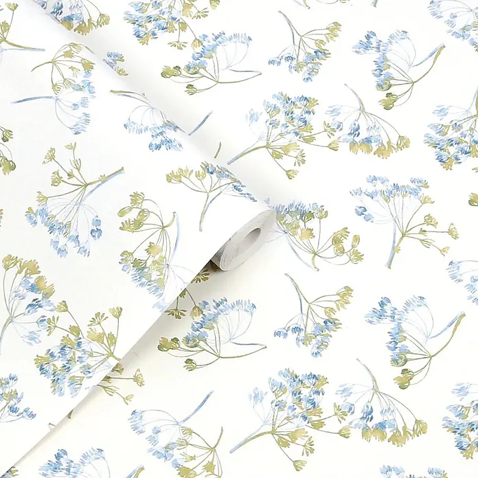 Laura Ashley Vliestapete Avonbury - Grün, Floral, 1.000 x 52 cm - Tapetenrolle mit blau-grünem Aquarell-Blumenmuster.