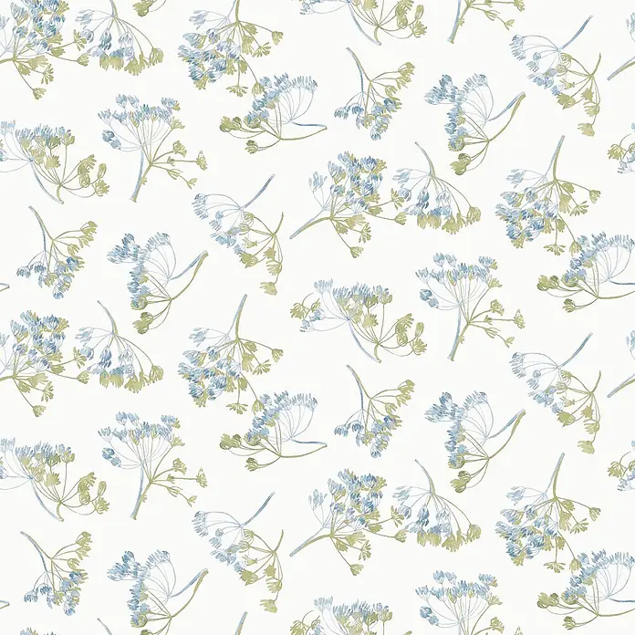 Laura Ashley Vliestapete Avonbury - Grün, Floral, 1.000 x 52 cm - Nahtloses Muster mit aquarellartigen, dillähnlichen Pflanzen in Hellblau und gedämpftem Grün.