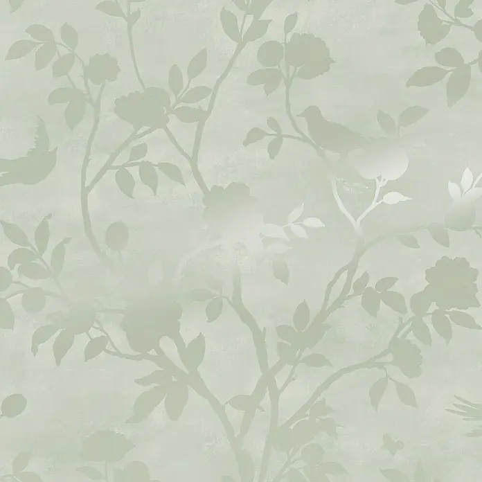 Laura Ashley Vliestapete Hagebuttenspur - Grün, Floral, 1.000 x 52 cm - Gedämpfte grüne Tapete mit einem Silhouettenmuster aus Ästen, Blumen und Vögeln, teils mit dezentem Metallglanz.