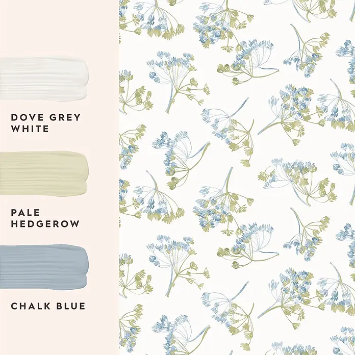 Laura Ashley Vliestapete Avonbury - Grün, Floral, 1.000 x 52 cm - Aquarell Blumenmuster mit blau-grünen, dillähnlichen Pflanzen und Farbmuster: Dove Grey White, Pale Hedgerow, Chalk Blue.