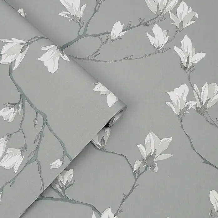 Laura Ashley Vliestapete Magnolienhain - Grau, Floral, 1.000 x 52 cm - Rolle grauer Tapete mit weißem Magnolienblütenmuster.