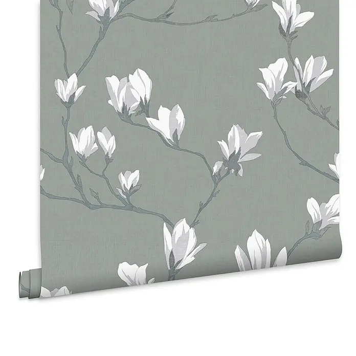 Laura Ashley Vliestapete Magnolienhain - Grau, Floral, 1.000 x 52 cm - Tapetenrolle mit weißen Magnolienblüten auf salbeigrünem Hintergrund.