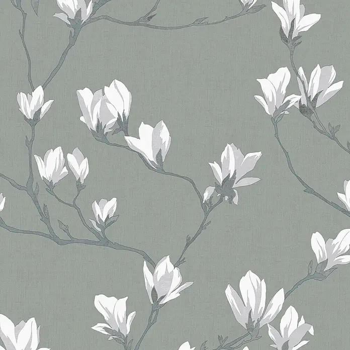 Laura Ashley Vliestapete Magnolienhain - Grau, Floral, 1.000 x 52 cm - Graugrüne Tapete mit einem Muster aus weißen Magnolienblüten und grauen Ästen.