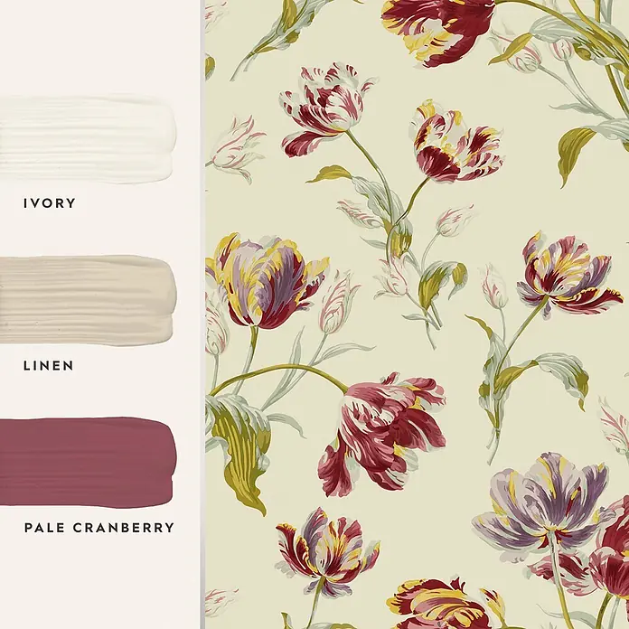 Laura Ashley Vliestapete Papageientulpen - Rot, Floral, 1.000 x 52 cm - Tapete mit gestreiftem Tulpenmuster und passenden Farbmustern (Ivory, Linen, Pale Cranberry).
