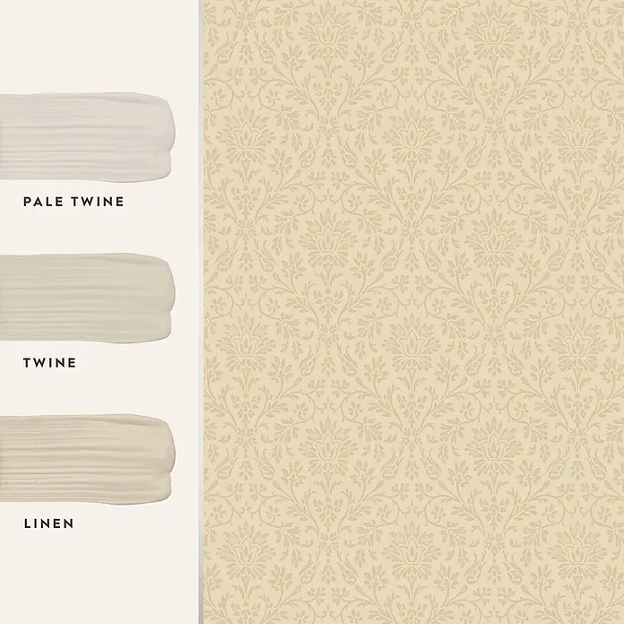 Laura Ashley Vliestapete Annecy Linen - Beige, Floral, 1.000 x 52 cm - Drei neutrale Farbmuster (Pale Twine, Twine, Linen) neben einer hellbeigen Tapete mit tonalem Damastmuster.