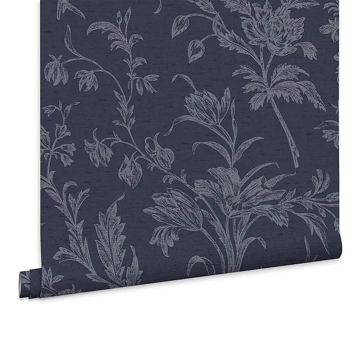 Laura Ashley Vliestapete Vliestapete Lloyd - Blau, Floral - Dunkelblaue Tapetenrolle mit hellblauem Blumenmuster und feiner Textur.
