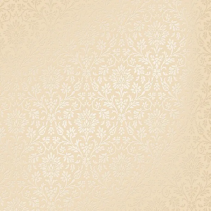 Laura Ashley Vliestapete Annecy Linen - Beige, Floral, 1.000 x 52 cm - Heller beiger Hintergrund mit einem dezenten, geprägten cremefarbenen Blumen-Damastmuster.