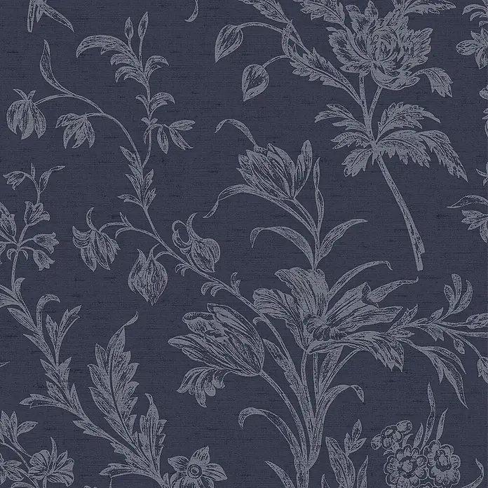 Laura Ashley Vliestapete Lloyd - Blau, Floral, 1.000 x 52 cm - Dunkelblaue Blumentapete mit hellblauem botanischem Muster.