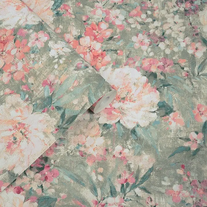Laura Ashley Vliestapete Gemalte Blumen - Grün, Floral, 1.000 x 52 cm - Gerollte Tapete mit malerischem Blumenmuster in Rosa, Pfirsich und Weiß auf strukturiertem Salbeigrün mit Goldakzenten.