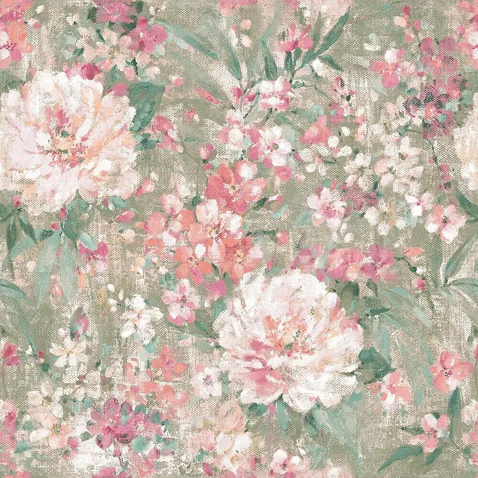 Laura Ashley Vliestapete Gemalte Blumen - Grün, Floral, 1.000 x 52 cm - Strukturiertes Blumenmuster mit rosa und weißen Blüten sowie grünen Blättern.