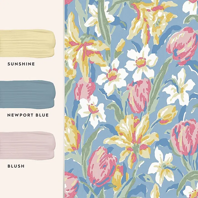 Laura Ashley Vliestapete Tulpen China - Blau, Floral, 1.000 x 52 cm - Blumenmuster mit blauen, gelben, weißen, rosa Blüten & grünen Blättern. Passende Farbmuster: Sunshine (gelb), Newport Blue, Blush (rosa).
